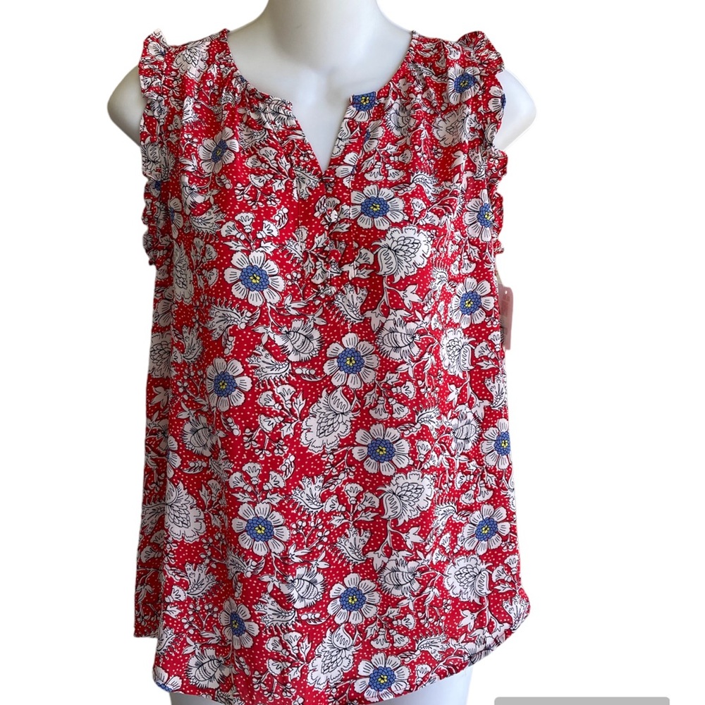 Loft Outlet Red Multi Floral Blouse Top SP Small Petite Ruffle Sleeveless New